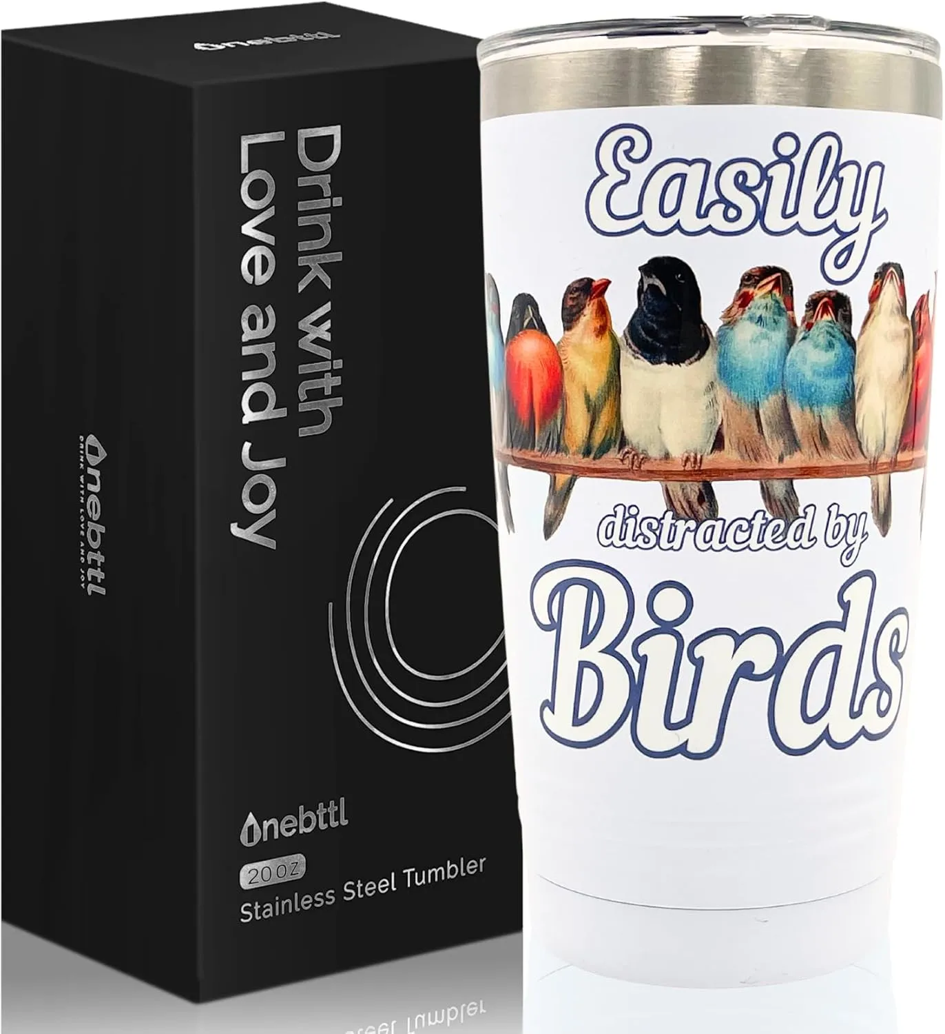 Onebttl Bird Watching Tumbler for Lovers & Watchers, 20oz Stainless Steel Insulated With Lid & Straw, Gift Card & Box Included, Birthday Gift - 360 White