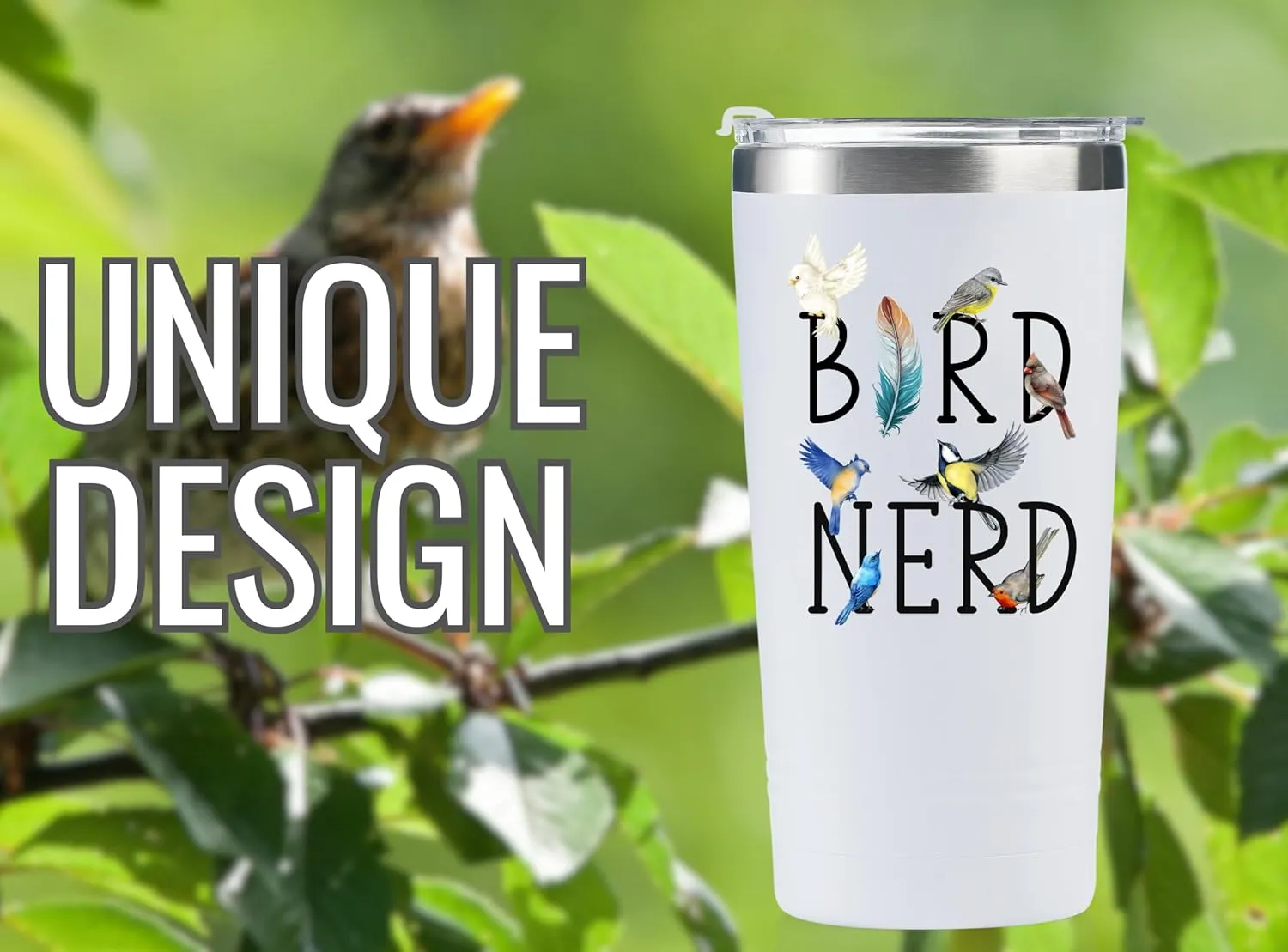 Onebttl Bird Watching Tumbler for Lovers & Watchers, 20oz Stainless Steel Insulated With Lid & Straw, Gift Card & Box Included, Birthday Present, White - Bird Nerd