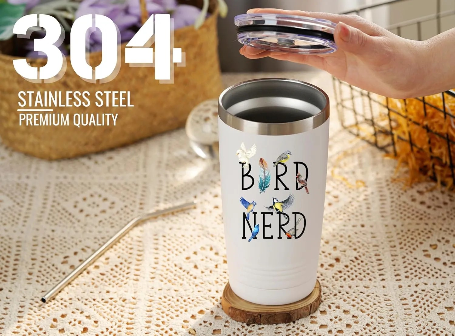 Onebttl Bird Watching Tumbler for Lovers & Watchers, 20oz Stainless Steel Insulated With Lid & Straw, Gift Card & Box Included, Birthday Present, White - Bird Nerd