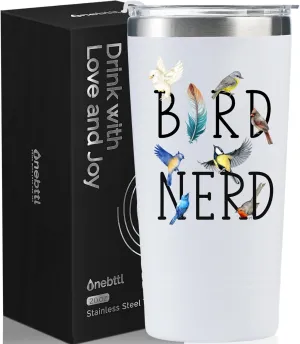 Onebttl Bird Watching Tumbler for Lovers & Watchers, 20oz Stainless Steel Insulated With Lid & Straw, Gift Card & Box Included, Birthday Present, White - Bird Nerd