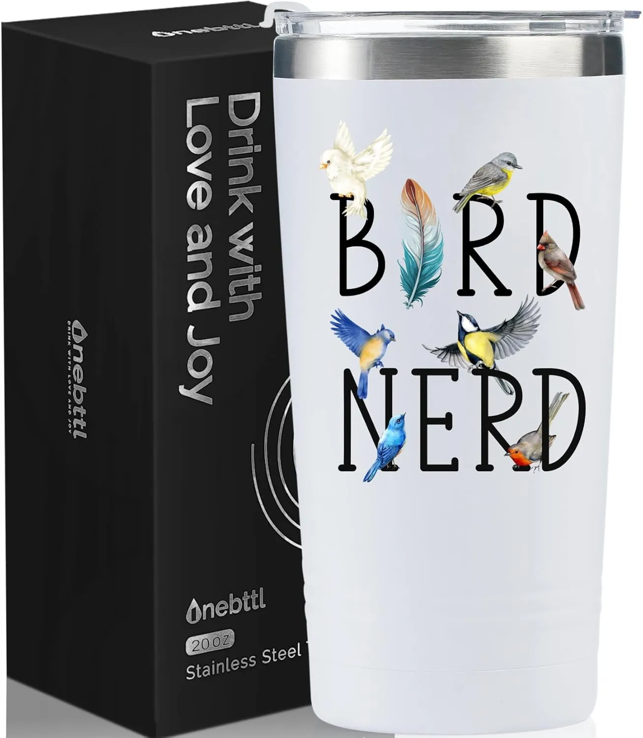 Onebttl Bird Watching Tumbler for Lovers & Watchers, 20oz Stainless Steel Insulated With Lid & Straw, Gift Card & Box Included, Birthday Present, White - Bird Nerd