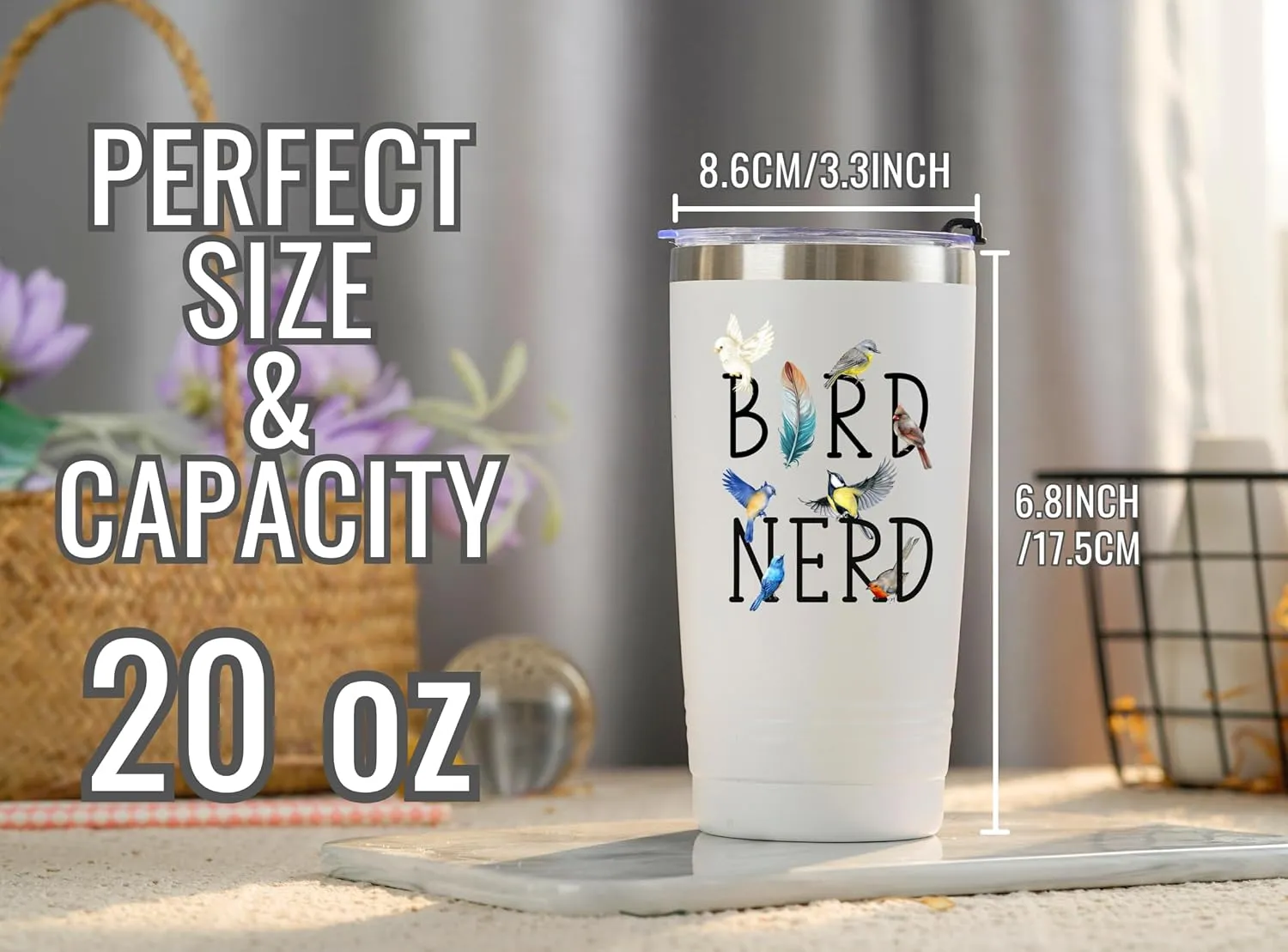 Onebttl Bird Watching Tumbler for Lovers & Watchers, 20oz Stainless Steel Insulated With Lid & Straw, Gift Card & Box Included, Birthday Present, White - Bird Nerd