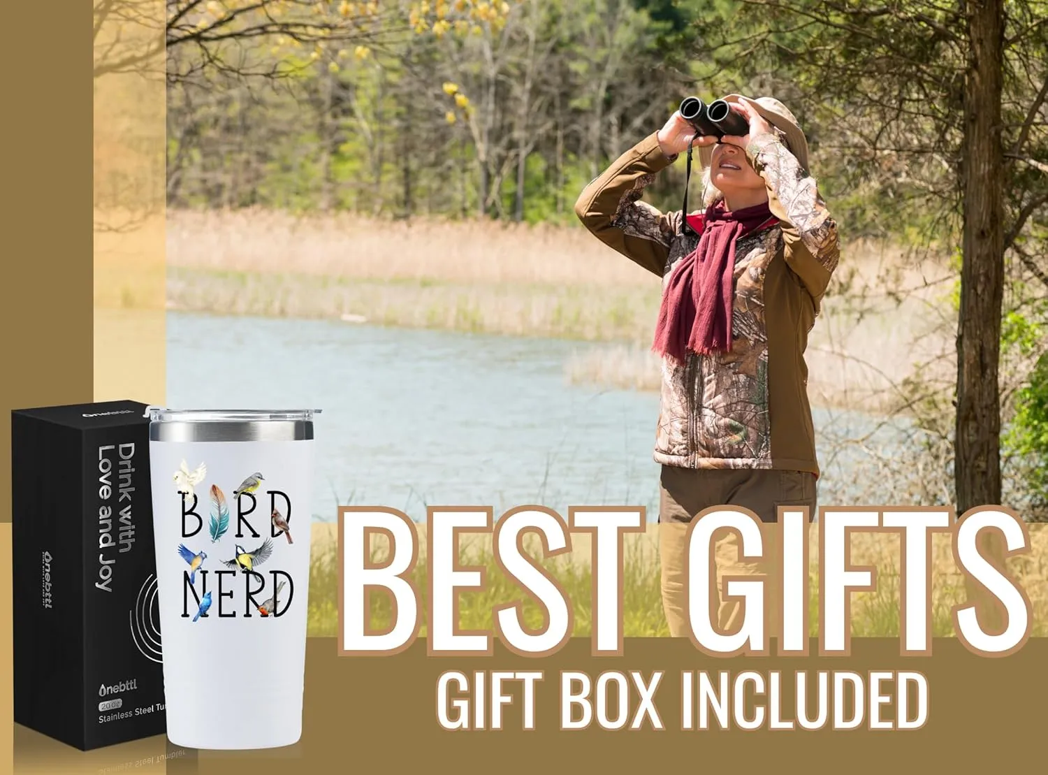 Onebttl Bird Watching Tumbler for Lovers & Watchers, 20oz Stainless Steel Insulated With Lid & Straw, Gift Card & Box Included, Birthday Present, White - Bird Nerd