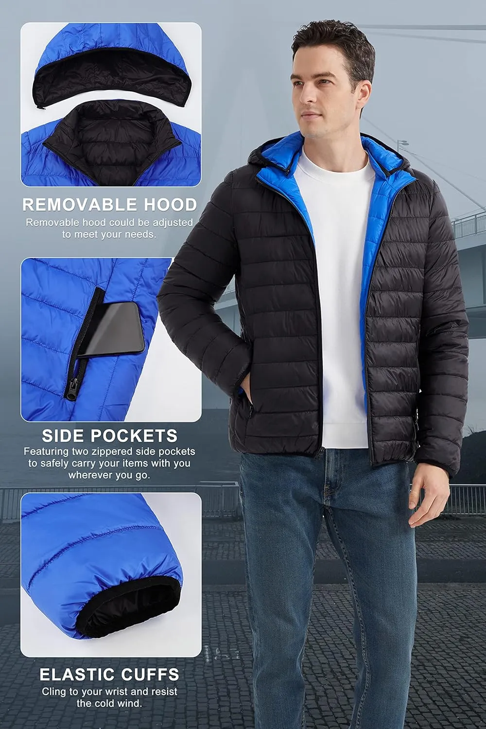Orolay Men's Lightweight Hooded Puffer Jacket Packable Reversible Water-Resistant Winter Quilted Coat