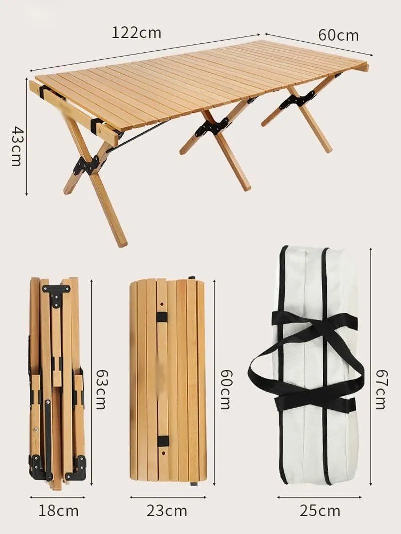 Outdoor Camping Picnic Wood Desk Folding Egg Roll Table Walnut Portable Foldable Self-Driving Tour Table(Wood Color,122 * 60 * 43cm)