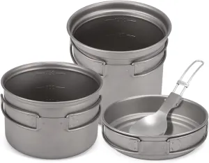 Outdoor Cookware, Camping Titanium Cookware Set 1000ml 750ml Pot Pan Spoon Set for Outdoor Camping Hiking Backpacking Picnic Cooking Equipment, Three-piece