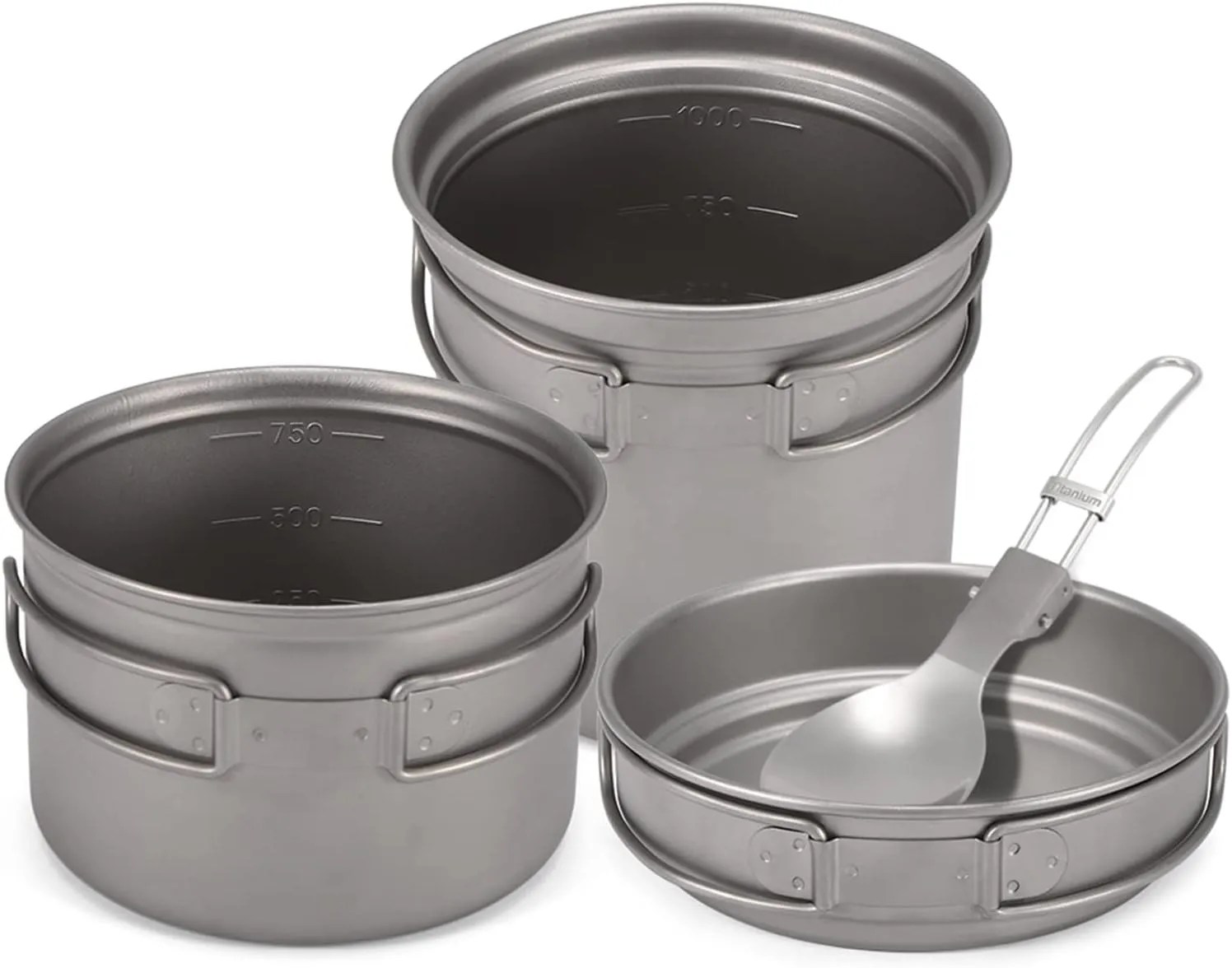 Outdoor Cookware, Camping Titanium Cookware Set 1000ml 750ml Pot Pan Spoon Set for Outdoor Camping Hiking Backpacking Picnic Cooking Equipment, Three-piece