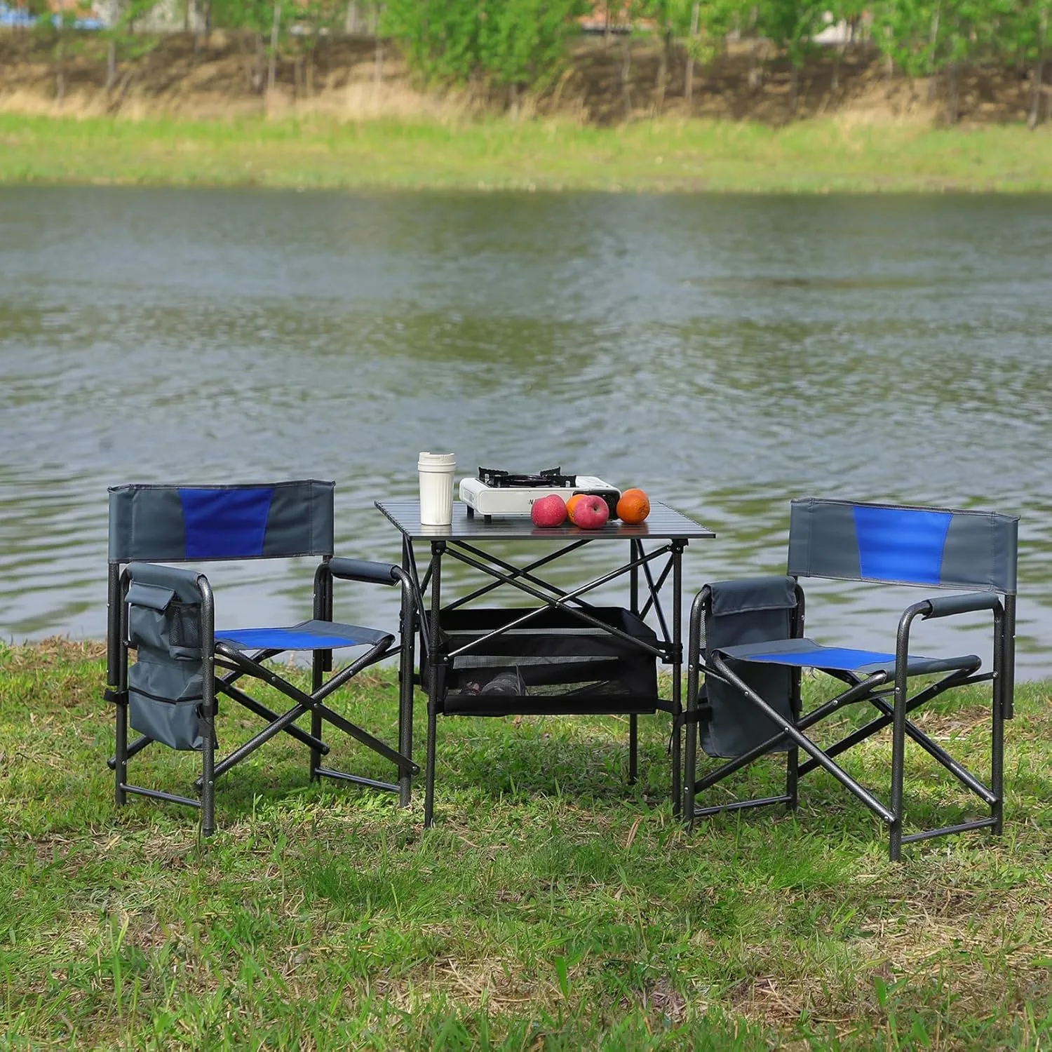 Outdoor Folding Camping Table and Chairs Set of 3, Lightweight Aluminum Roll-up Square Folding Table and Chairs Set for Indoor Outdoor Camping Picnics Beach Backyard BBQ Party Patio, Black&Blue
