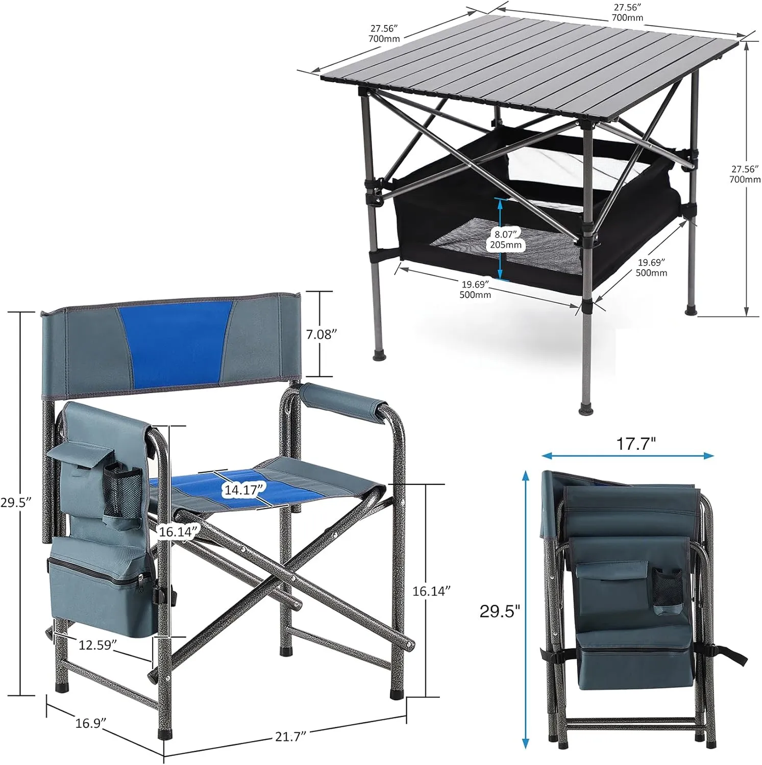 Outdoor Folding Camping Table and Chairs Set of 3, Lightweight Aluminum Roll-up Square Folding Table and Chairs Set for Indoor Outdoor Camping Picnics Beach Backyard BBQ Party Patio, Black&Blue