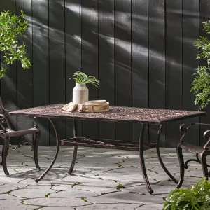 Outdoor Rectangular Cast Aluminum Dining Table with Floral-Cut Design, Seats 6, Shiny Copper