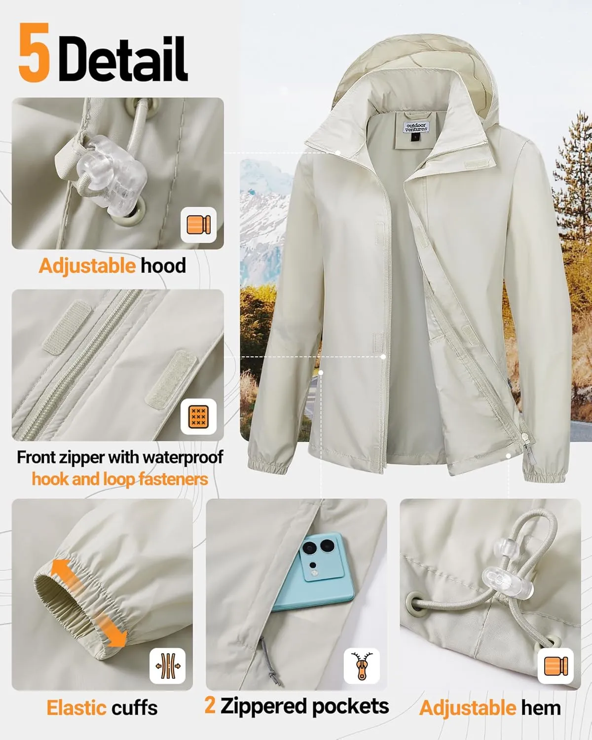 Outdoor Ventures Womens Lightweight Rain Jacket Packable Waterproof Rain Coat with Hood for Travel Windbreaker