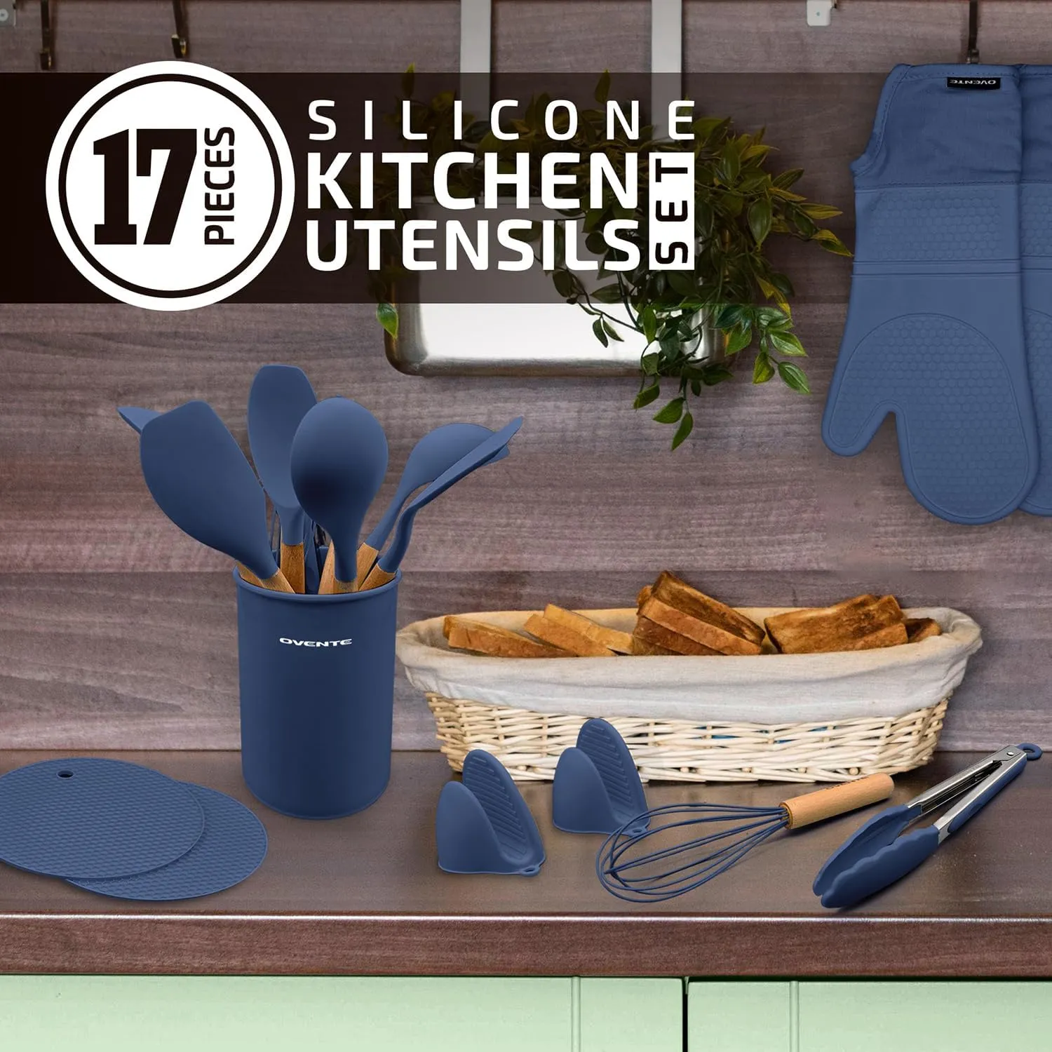 OVENTE Silicone Kitchen Cooking Utensils Set, 17pcs Heat Resistant Cooking Tools for Nonstick Cookware with Wooden Handle, BPA Free, Includes Cup Holder, Mini Oven Gloves and Hot Pads, Blue SPS17BL