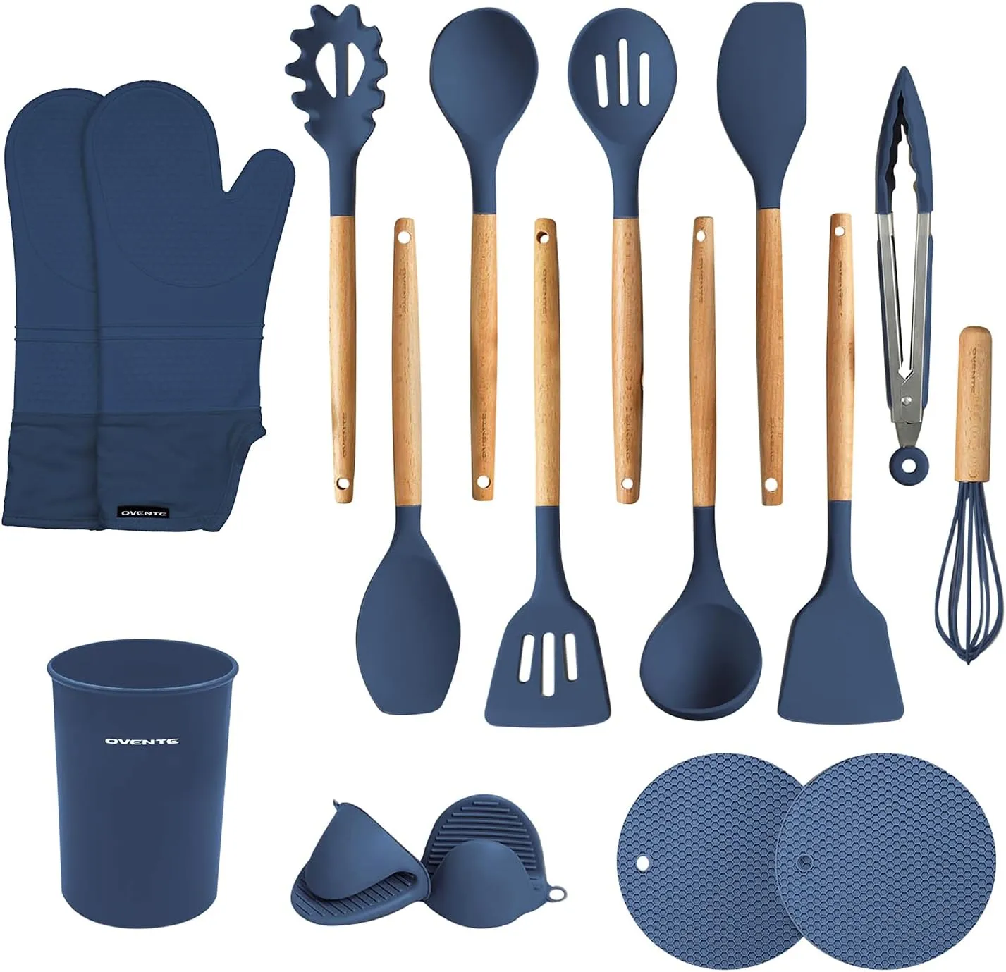OVENTE Silicone Kitchen Cooking Utensils Set, 17pcs Heat Resistant Cooking Tools for Nonstick Cookware with Wooden Handle, BPA Free, Includes Cup Holder, Mini Oven Gloves and Hot Pads, Blue SPS17BL