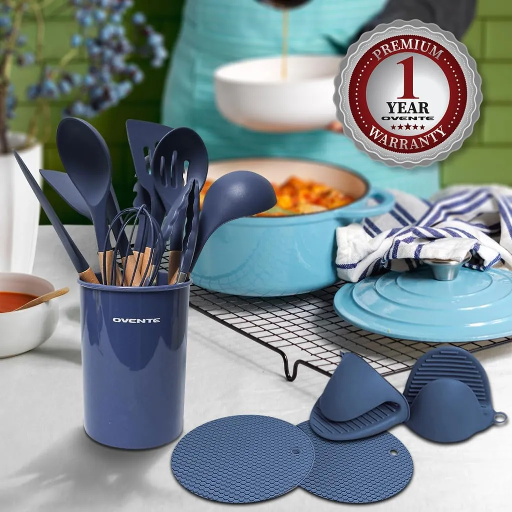 OVENTE Silicone Kitchen Cooking Utensils Set, 17pcs Heat Resistant Cooking Tools for Nonstick Cookware with Wooden Handle, BPA Free, Includes Cup Holder, Mini Oven Gloves and Hot Pads, Blue SPS17BL