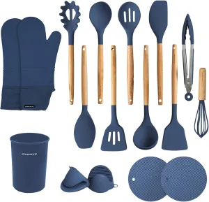 OVENTE Silicone Kitchen Cooking Utensils Set, 17pcs Heat Resistant Cooking Tools for Nonstick Cookware with Wooden Handle, BPA Free, Includes Cup Holder, Mini Oven Gloves and Hot Pads, Blue SPS17BL