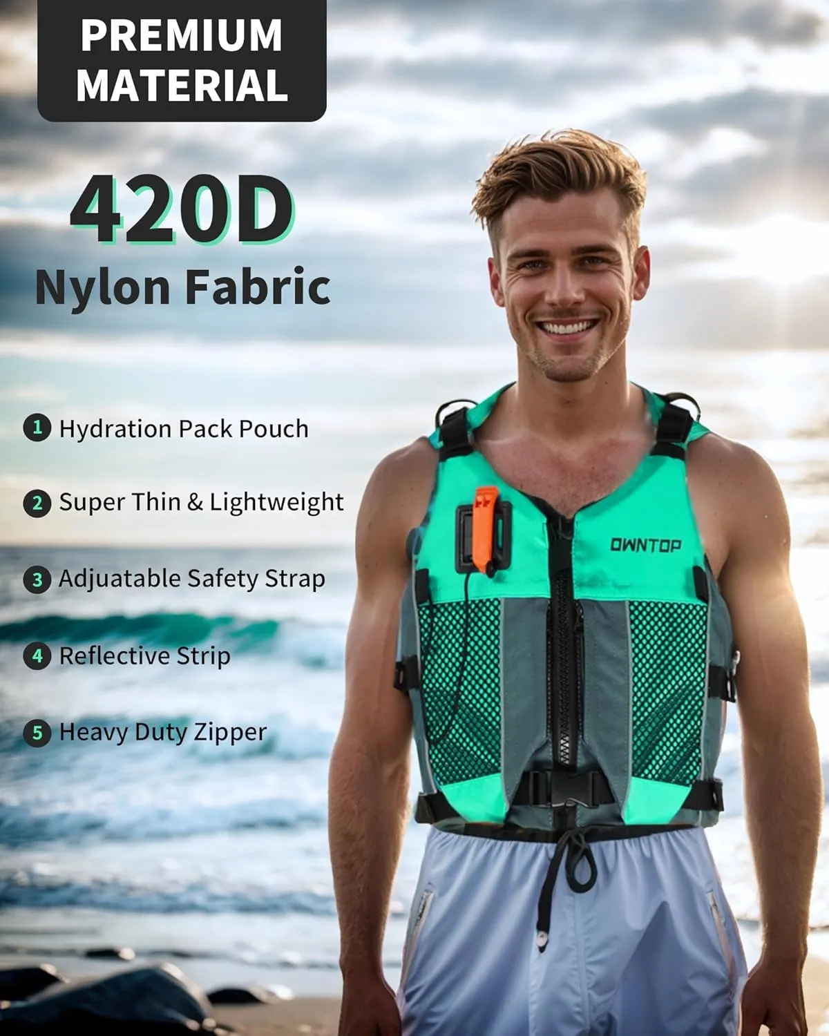 Owntop Swim Jacket Adult Youth | Hydration Pack | Dual Mesh Pockets | Attached Whistle | Ultra-Thin for Freer Movement | Kayak, Boating, Fishing, All Watersports