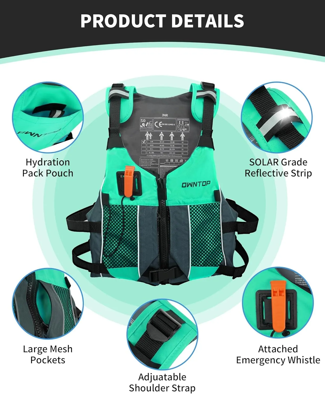 Owntop Swim Jacket Adult Youth | Hydration Pack | Dual Mesh Pockets | Attached Whistle | Ultra-Thin for Freer Movement | Kayak, Boating, Fishing, All Watersports