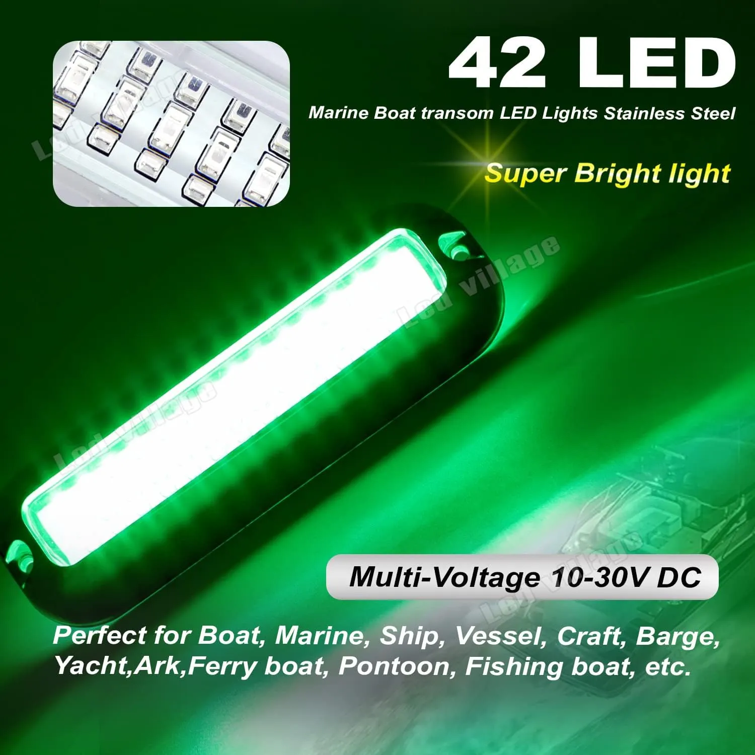 Pack of 2 Clear Lens Green Navigation Transom Lights 42 LED with Stainless Steel Housing for Pontoon Boat Sailboat Skeeters Marine Courtesy Lamps 10-30V DC