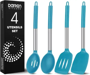 Pack of 4 Large Silicone Cooking Spatulas and Spoons, Slotted and Solid Stainless Steel Cooking Utensils Set, Non-stick Heat Resistant Kitchen for Baking, Fried, Stir-Fry, Mixing, Serving (Blue)
