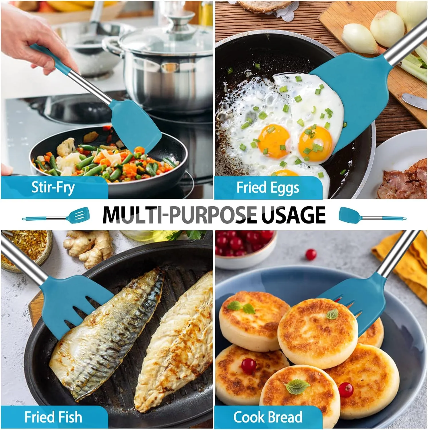 Pack of 4 Large Silicone Cooking Spatulas and Spoons, Slotted and Solid Stainless Steel Cooking Utensils Set, Non-stick Heat Resistant Kitchen for Baking, Fried, Stir-Fry, Mixing, Serving (Blue)