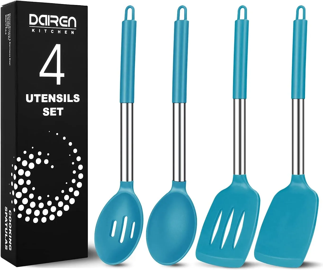 Pack of 4 Large Silicone Cooking Spatulas and Spoons, Slotted and Solid Stainless Steel Cooking Utensils Set, Non-stick Heat Resistant Kitchen for Baking, Fried, Stir-Fry, Mixing, Serving (Blue)