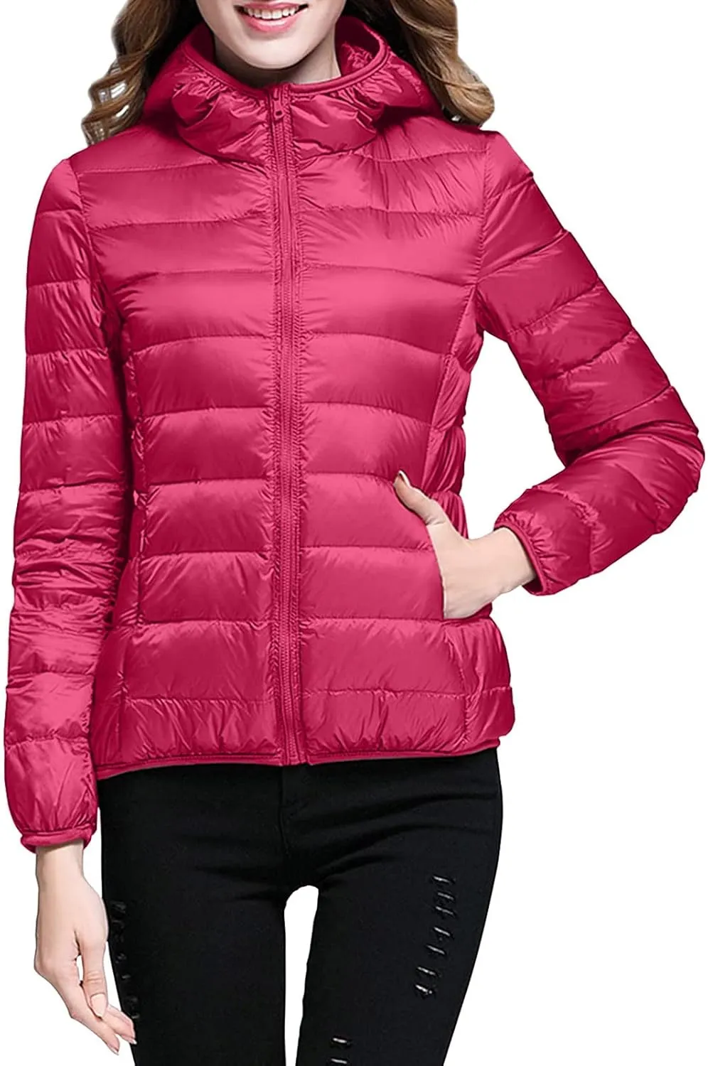 Packable Down Jacket for Women Lightweight Winter Duck Down Jackets Slim Fit Bubble Coat Zipper Warm Puffer Jacket with Hood
