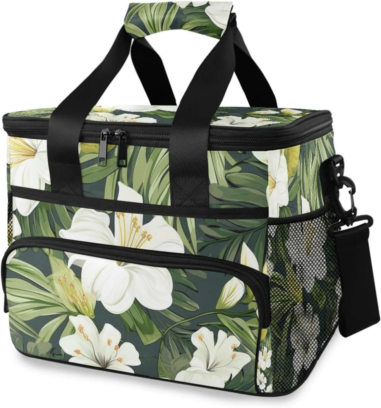 Palm Leaves Tropical Plant Flower Cooler Bag Insulated Cooler Soft Sided Cooler 24 Can Portable Picnic Bag Large Leakproof Lunch Bag Box for Beach Grocery Camping Travel Car Men Women