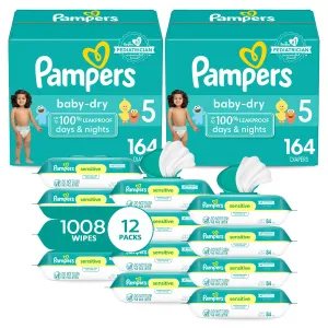 Pampers Baby Dry Disposable Baby Diapers Size 5, 2 Month Supply (2 x 164 Count) with Sensitive Water Based Baby Wipes 12X Multi Pack Pop-Top and Refill (1008 Count)