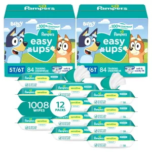 Pampers Easy Ups Pull On Training Underwear Boys, 5T-6T, 2 Month Supply (2 x 84 Count) with Sensitive Water Based Baby Wipes 12X Multi Pack Pop-Top and Refill (1008 Count)