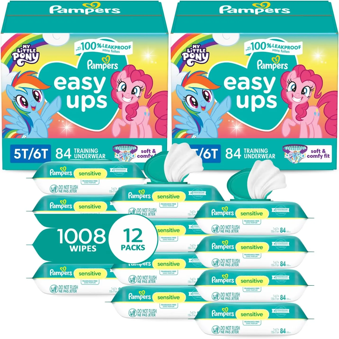 Pampers Easy Ups Pull On Training Underwear Girls, 5T-6T, 2 Month Supply (2 x 84 Count) with Sensitive Water Based Baby Wipes 12X Multi Pack Pop-Top and Refill (1008 Count)