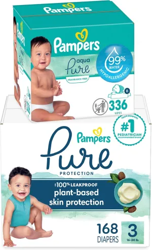 Pampers Pure Protection Disposable Baby Diapers Size 3, 168 Count with Aqua Pure Baby Wipes, 6X Pop-Top Packs (336 Count)