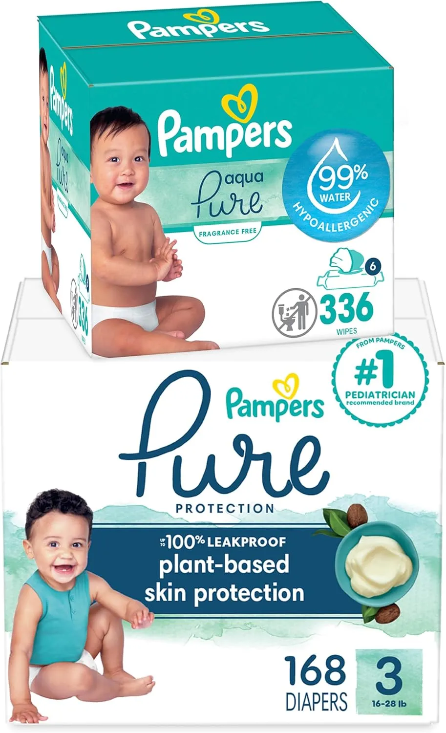 Pampers Pure Protection Disposable Baby Diapers Size 3, 168 Count with Aqua Pure Baby Wipes, 6X Pop-Top Packs (336 Count)