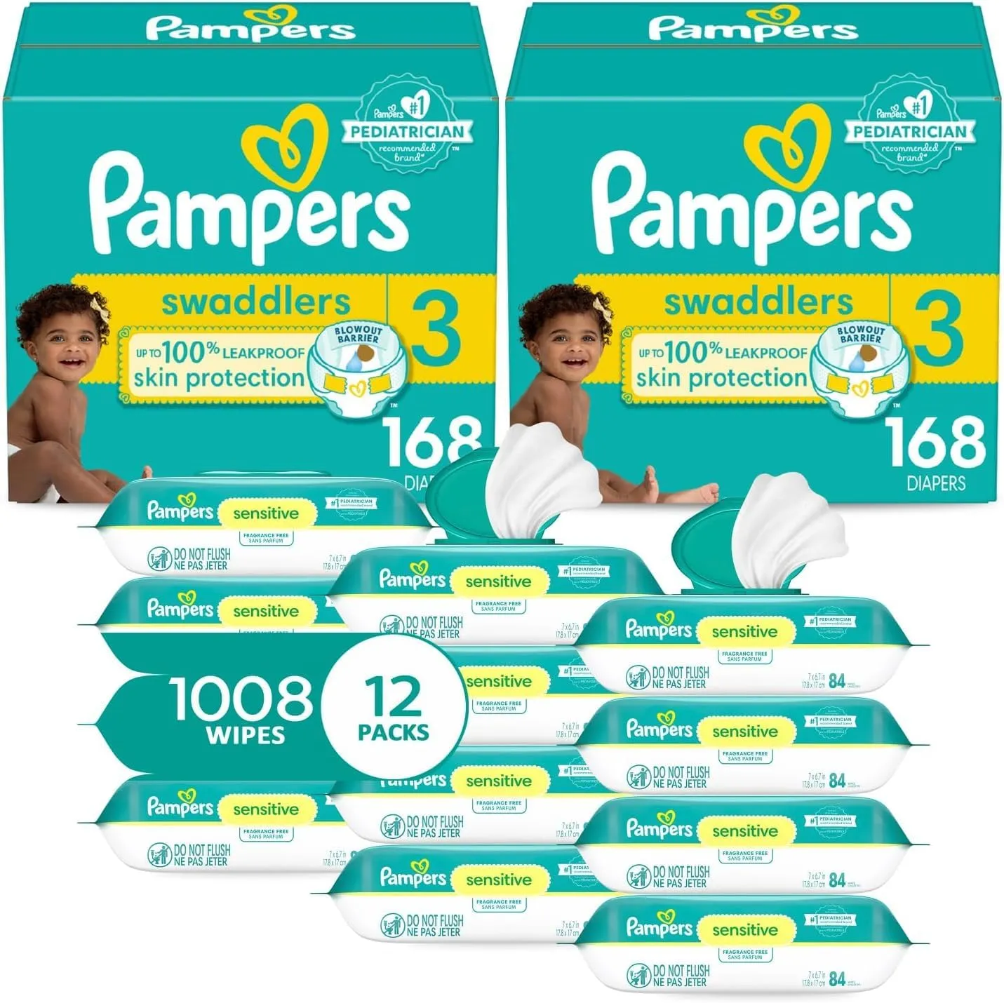 Pampers Swaddlers Disposable Baby Diapers Size 3, 2 Month Supply (2 x 168 Count) with Sensitive Water Based Baby Wipes 12X Multi Pack Pop-Top and Refill (1008 Count)