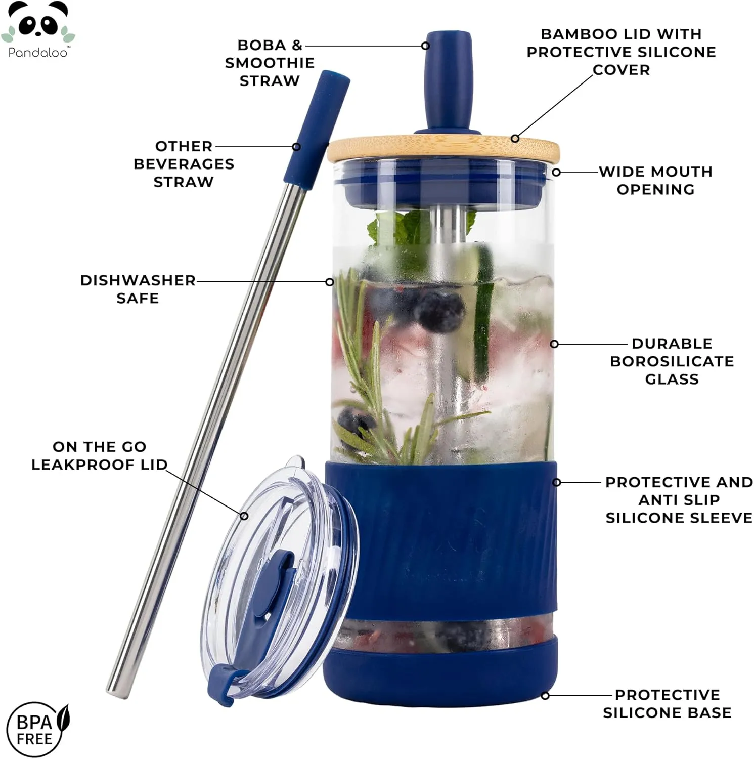 Pandaloo® Glass Cups With Lids and Straws -20 Fl Oz- Perfect Size Iced Coffee Cup - Smoothie Cup With Bamboo Lid and On the go Lid - Glass Tumbler (2 Count (Pack of 1), Autumn Gold-Galactic Blue)