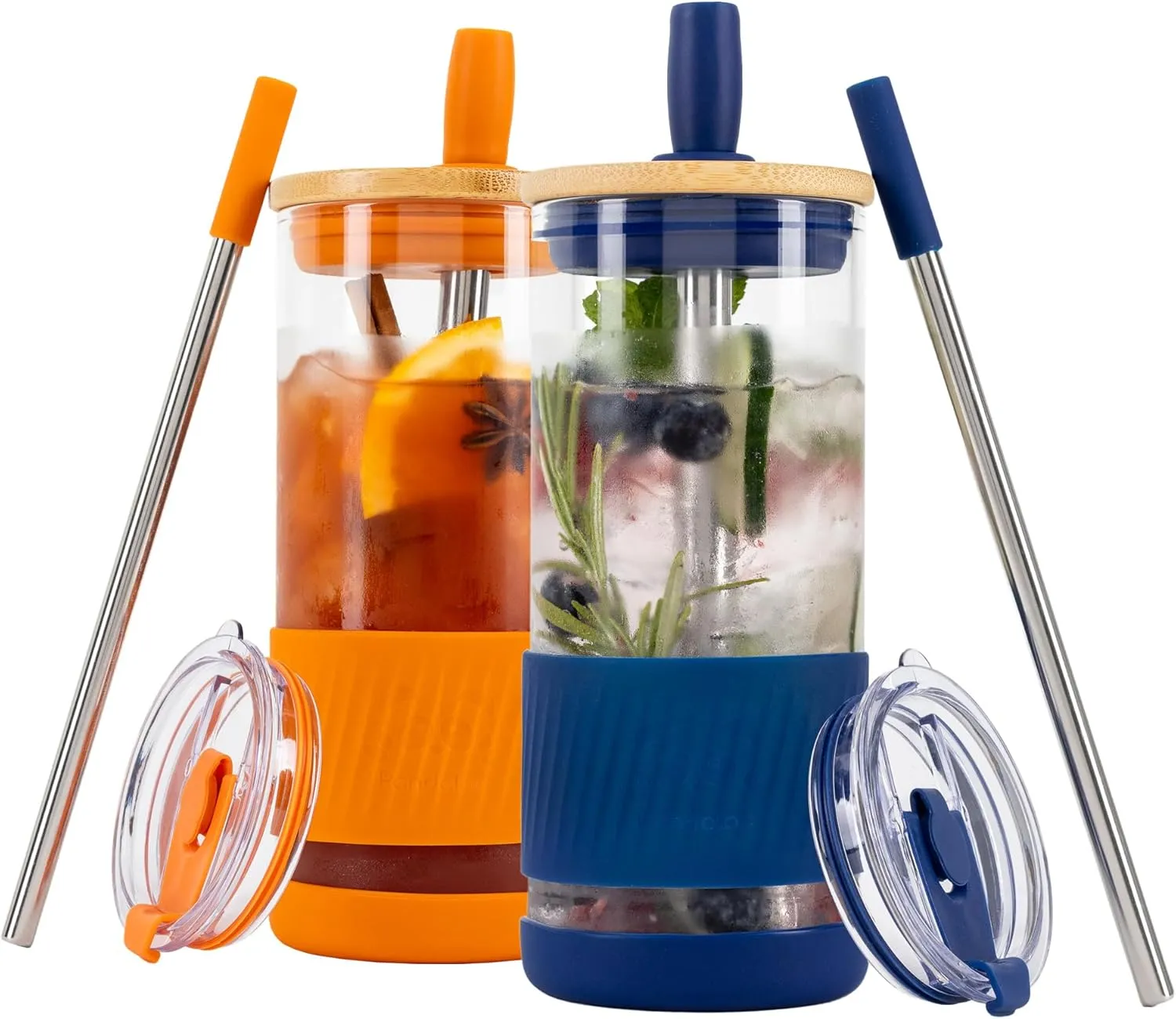 Pandaloo® Glass Cups With Lids and Straws -20 Fl Oz- Perfect Size Iced Coffee Cup - Smoothie Cup With Bamboo Lid and On the go Lid - Glass Tumbler (2 Count (Pack of 1), Autumn Gold-Galactic Blue)