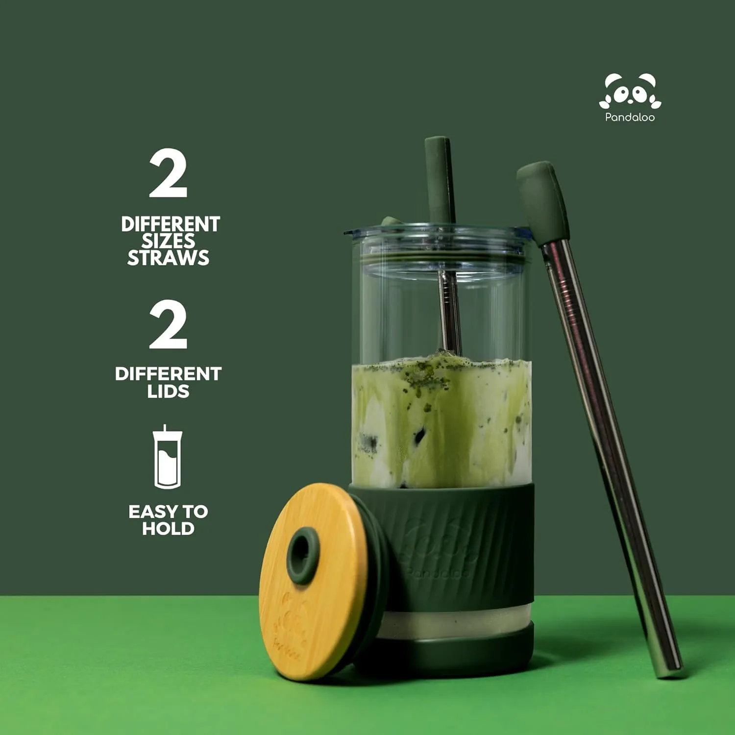Pandaloo® Glass Cups With Lids and Straws -20 Fl Oz- Perfect Size Iced Coffee Cup - Smoothie Cup With Bamboo Lid and On the go Lid - Glass Tumbler (2 Count (Pack of 1), Black Saphir-Tender Pink)