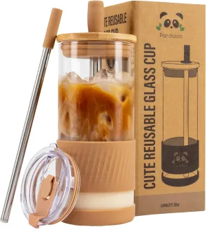 Pandaloo® Glass Cups With Lids and Straws -20 Fl Oz- Perfect Size Iced Coffee Cup - Smoothie Cup With Bamboo Lid and On the go Lid - Glass Tumbler With Straw (1 Count (Pack of 1), Amber Sand)