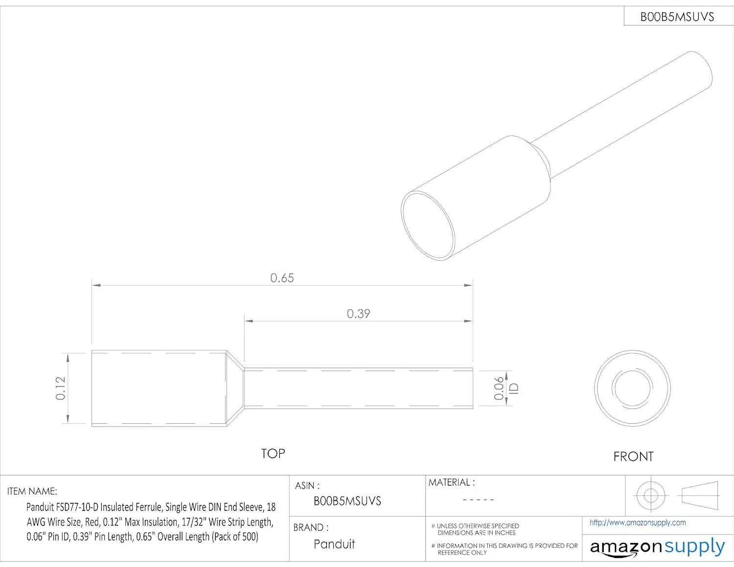 Panduit FSD77-12-D Insulated Ferrule, Single Wire, 18 AWG (1.0mm²), 0.47-Inch Pin Length, Red DIN End Sleeve (500-Pack)