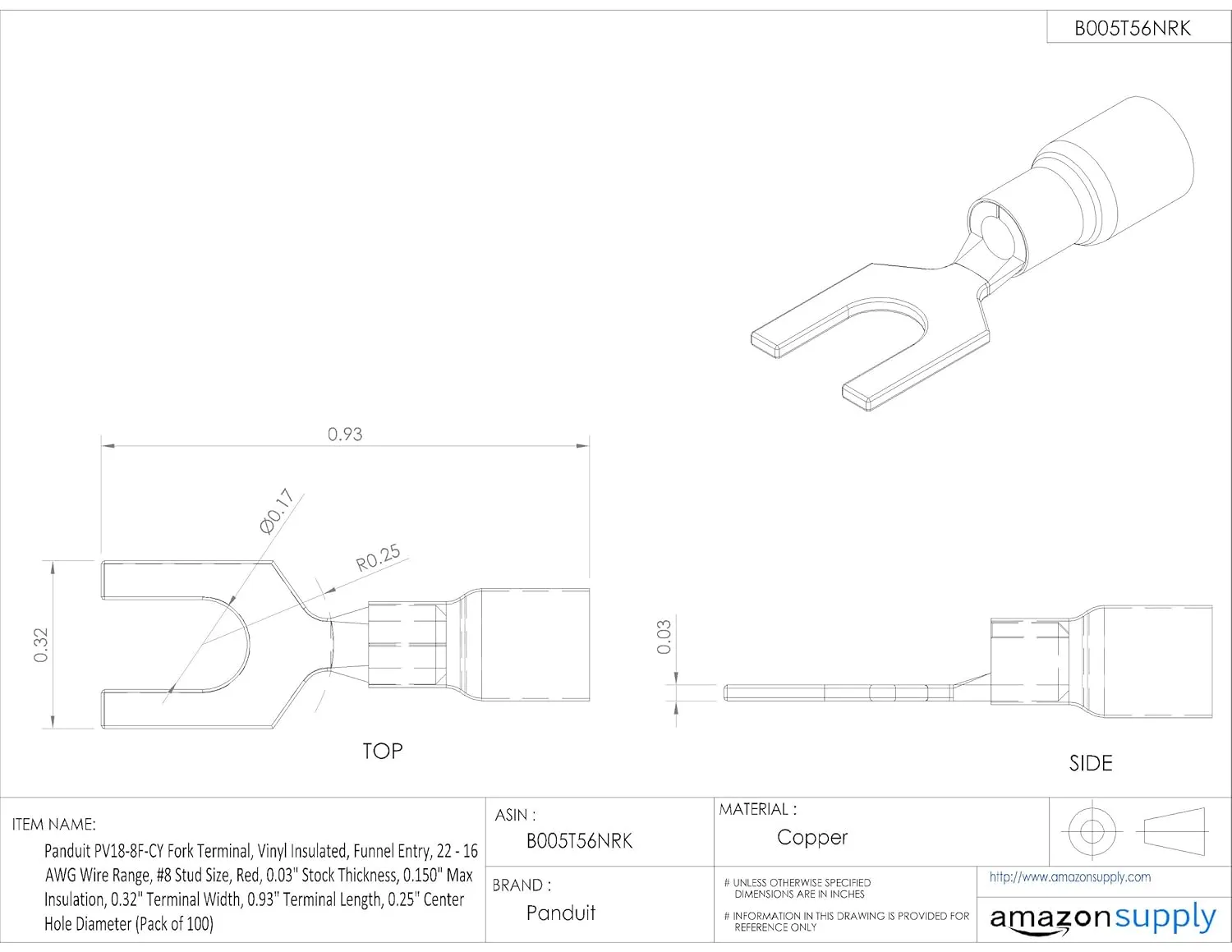 Panduit PV18-8F-CY Fork Terminal, Vinyl Insulated, 22 - 16 AWG, #8 Stud Size, Funnel Entry, Red (100-Pack)
