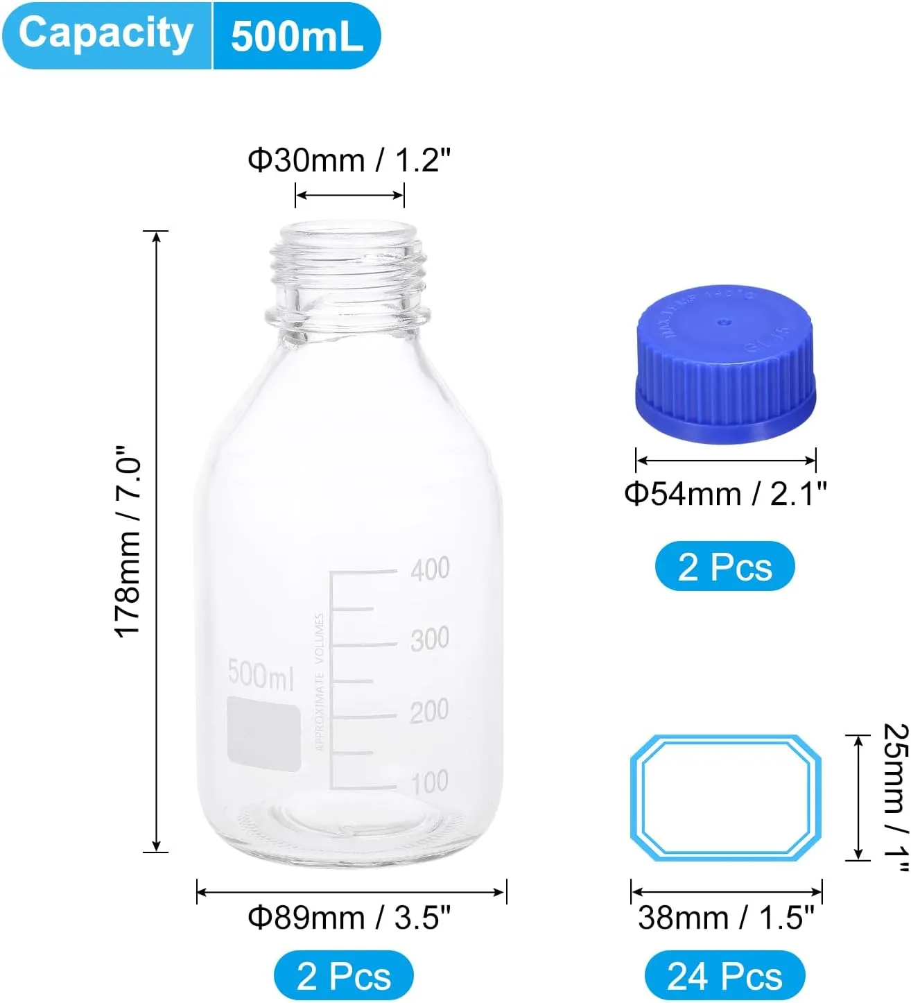 PATIKIL 2 Pack Reagent Media Storage Bottles, 500ml Borosilicate Glass Graduated Round Bottles with Blue GL32 Screw Cap and 24 Pcs Labels for Lab Water Reagent Liquids, Clear