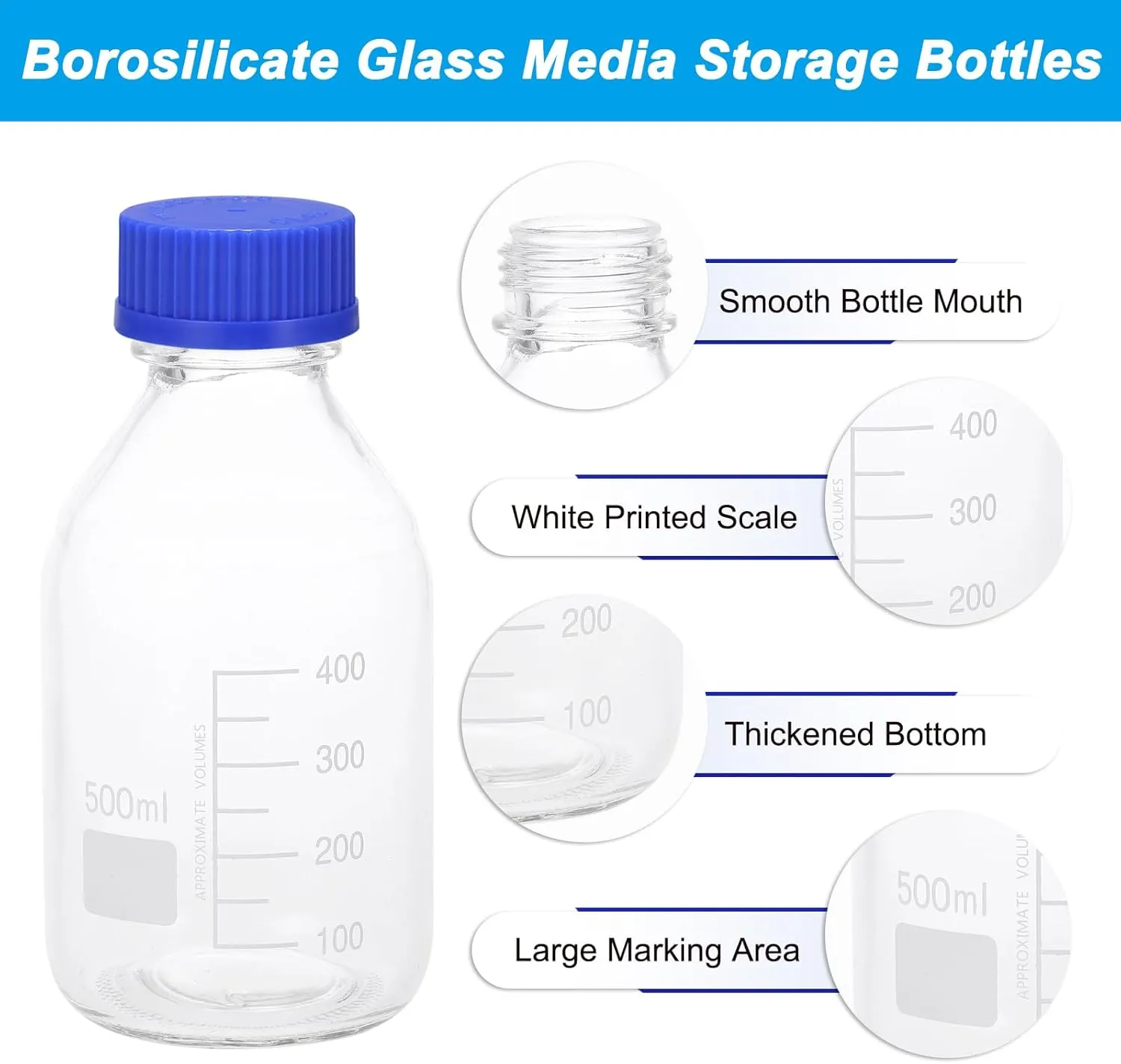 PATIKIL 2 Pack Reagent Media Storage Bottles, 500ml Borosilicate Glass Graduated Round Bottles with Blue GL32 Screw Cap and 24 Pcs Labels for Lab Water Reagent Liquids, Clear