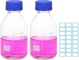 PATIKIL 2 Pack Reagent Media Storage Bottles, 500ml Borosilicate Glass Graduated Round Bottles with Blue GL32 Screw Cap and 24 Pcs Labels for Lab Water Reagent Liquids, Clear