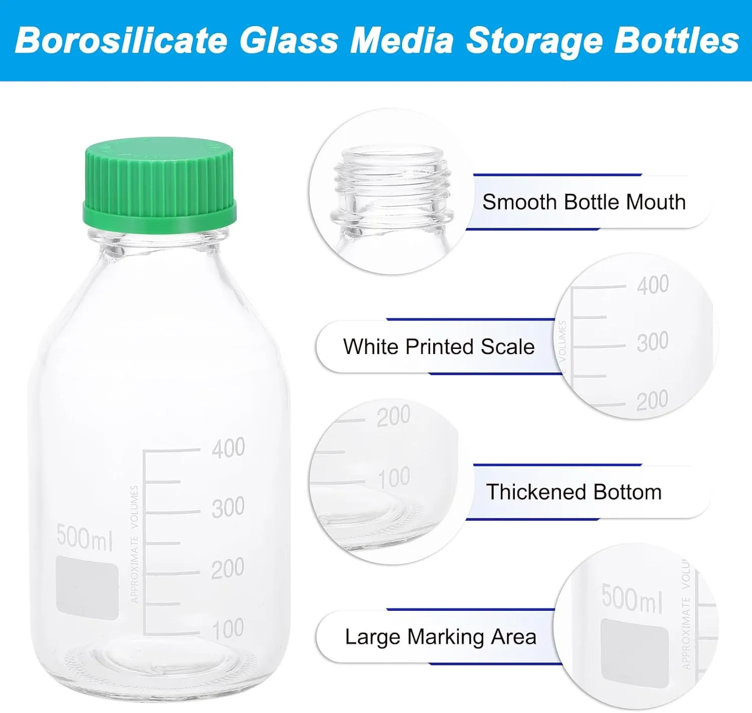 PATIKIL 2 Pack Reagent Media Storage Bottles, 500ml Borosilicate Glass Graduated Round Bottles with Green GL32 Screw Cap and 24 Pcs Labels for Lab Water Reagent Liquids, Clear