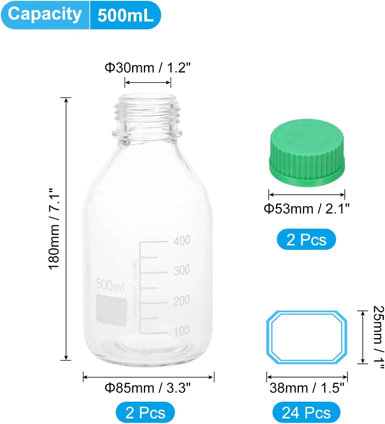 PATIKIL 2 Pack Reagent Media Storage Bottles, 500ml Borosilicate Glass Graduated Round Bottles with Green GL32 Screw Cap and 24 Pcs Labels for Lab Water Reagent Liquids, Clear