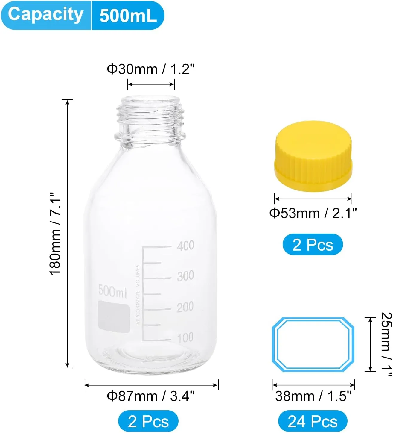 PATIKIL 2 Pack Reagent Media Storage Bottles, 500ml Borosilicate Glass Graduated Round Bottles with Yellow GL32 Screw Cap and 24 Pcs Labels for Lab Water Reagent Liquids, Clear