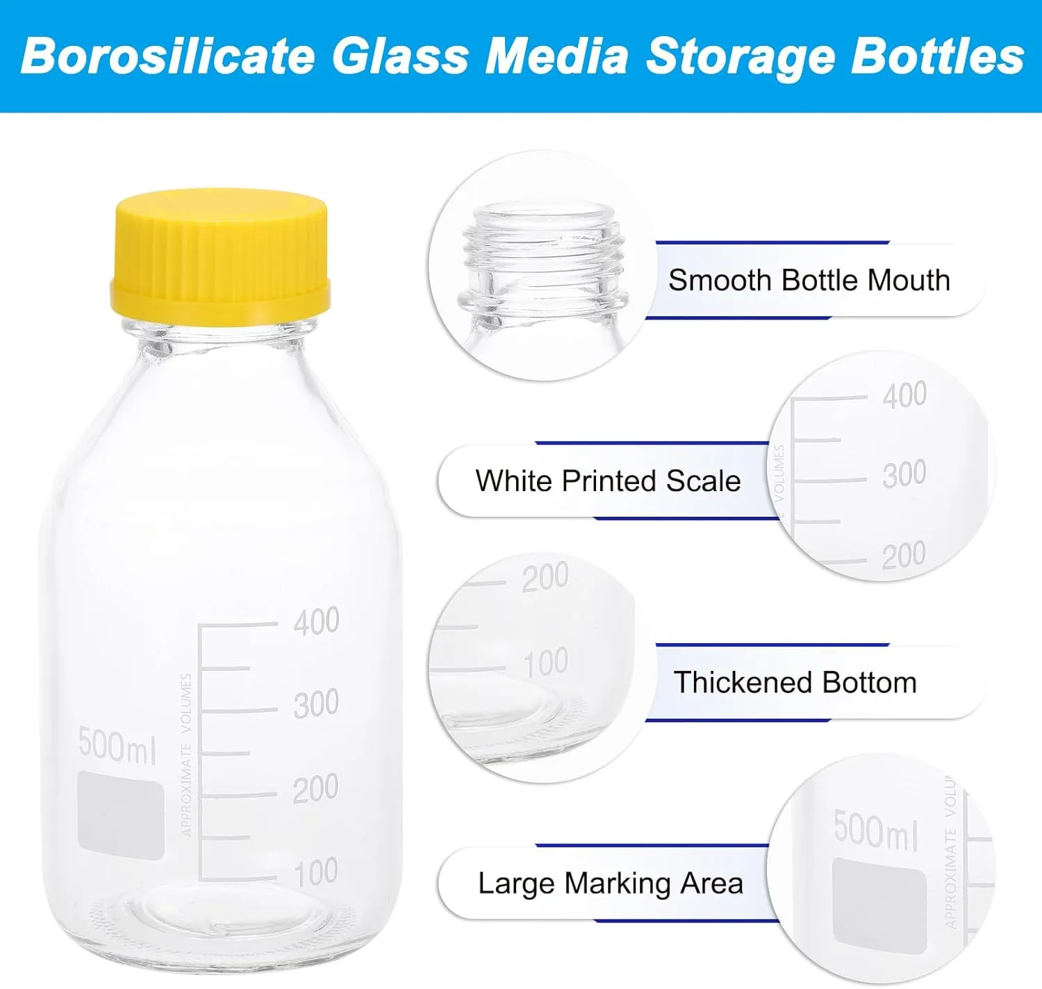 PATIKIL 2 Pack Reagent Media Storage Bottles, 500ml Borosilicate Glass Graduated Round Bottles with Yellow GL32 Screw Cap and 24 Pcs Labels for Lab Water Reagent Liquids, Clear