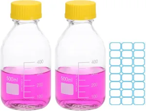 PATIKIL 2 Pack Reagent Media Storage Bottles, 500ml Borosilicate Glass Graduated Round Bottles with Yellow GL32 Screw Cap and 24 Pcs Labels for Lab Water Reagent Liquids, Clear