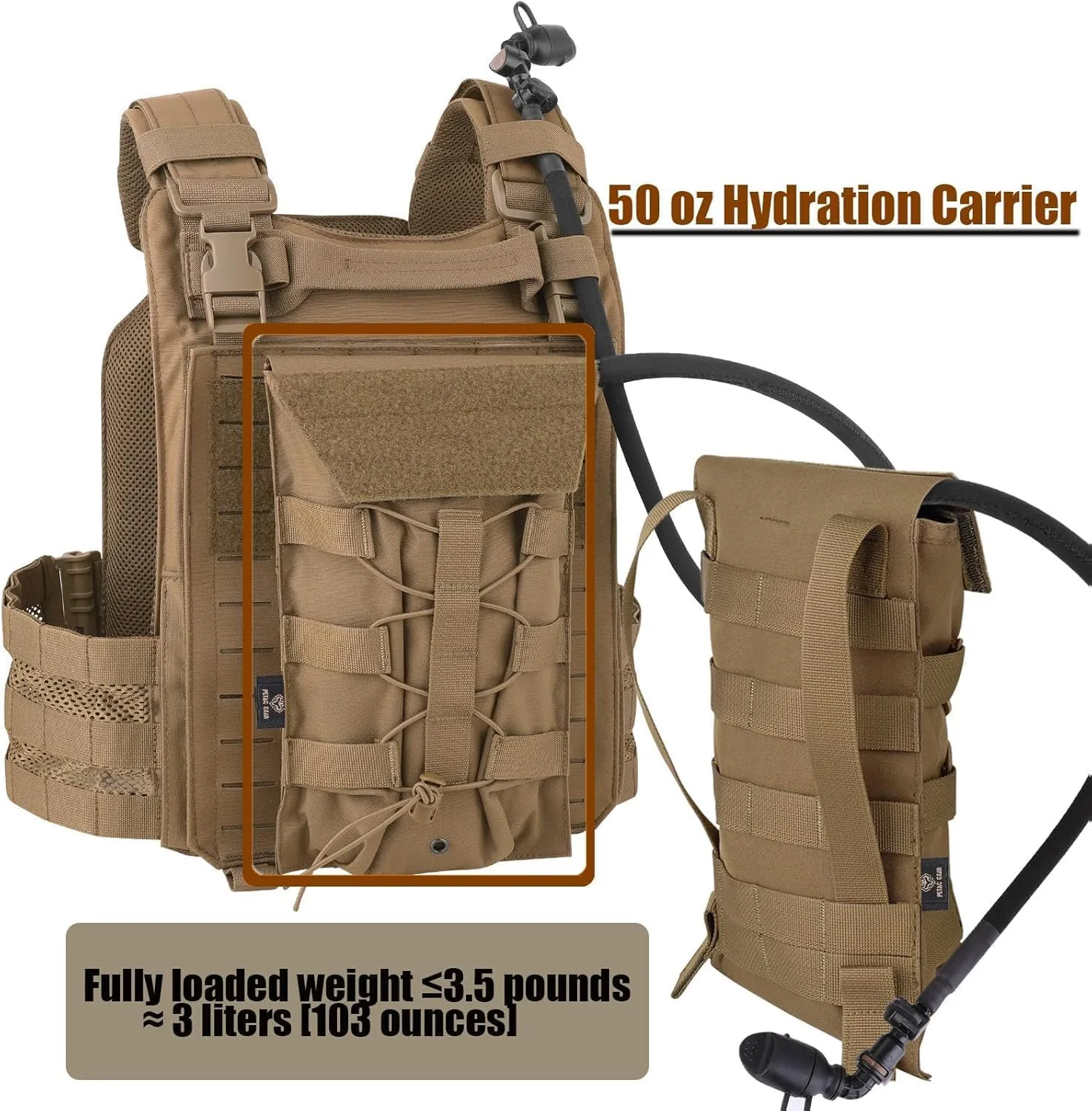 PETAC GEAR 1.5L / 3L Tactical Hydration Pack，Molle Carrier Pouch for 50 oz /100 oz Hydration Bladder Daypack Water Backpack.