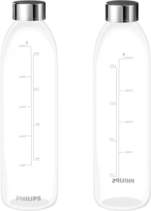 PHILIPS Glass Water Bottles, Reusable Clear Glass bottles with Lids, Stainless Steel Cap Juice Bottles BPA Free Food Grade & Leakproof Travel Bottles for Juice, Refrigerator, 16.9 Oz, 2 Pack