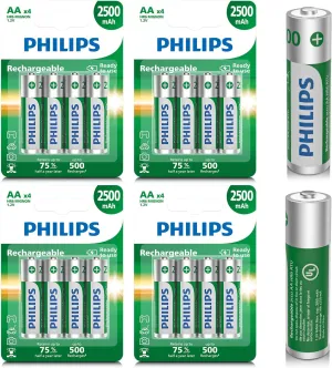 PHILIPS Rechargeable AA Batteries 16 Pack 2500mAh NiMH Double A Battery 1.2V Long Lasting 2A Batteries Recharge up to 500x （Full Discharge Test Every time）